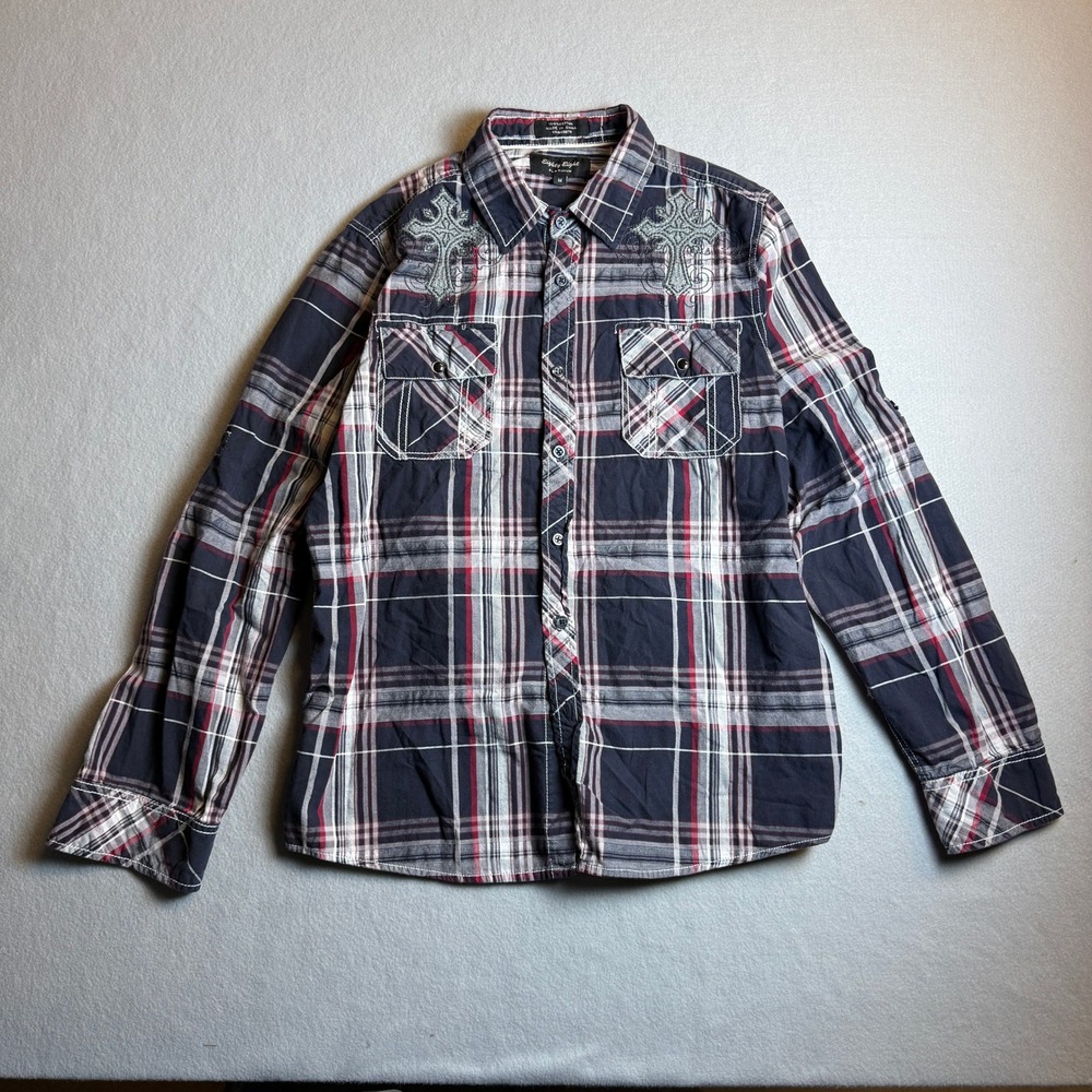 Eighty Eight Platinum Mens Medium Plaid Button Down Shirt Cross Embroidery Navy‎